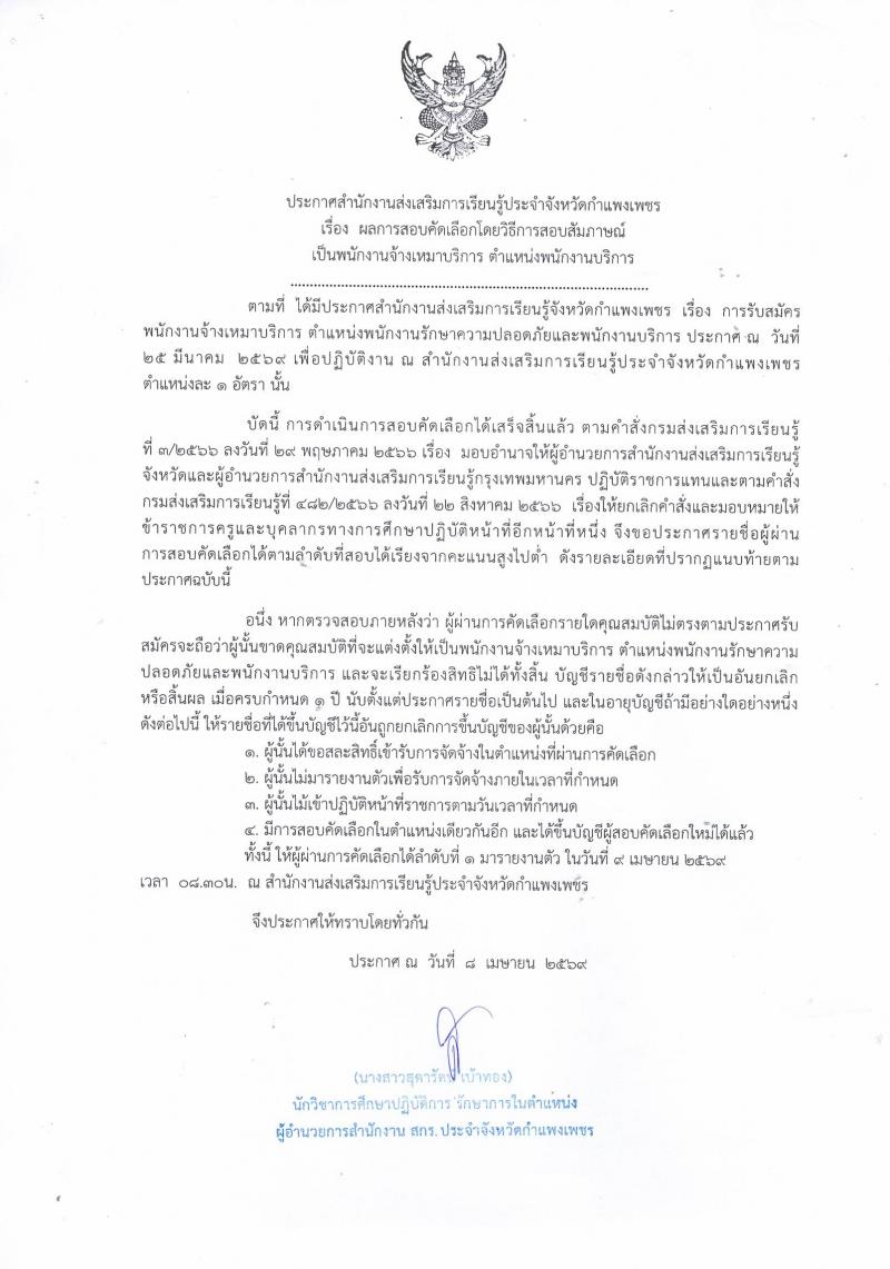 1. ประกาศผลการสอบคัดเลือกโดยวิธีสัมภาษณ์ เป็นพนักงานจ้างเหมาบริการ ตำแหน่งพนักงานบริการ 